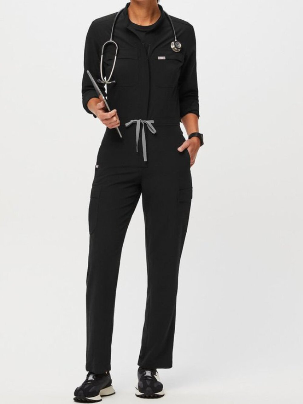 FIGS Chantal Cargo Scrub Jumpsuit Black Long Sleeve Size S